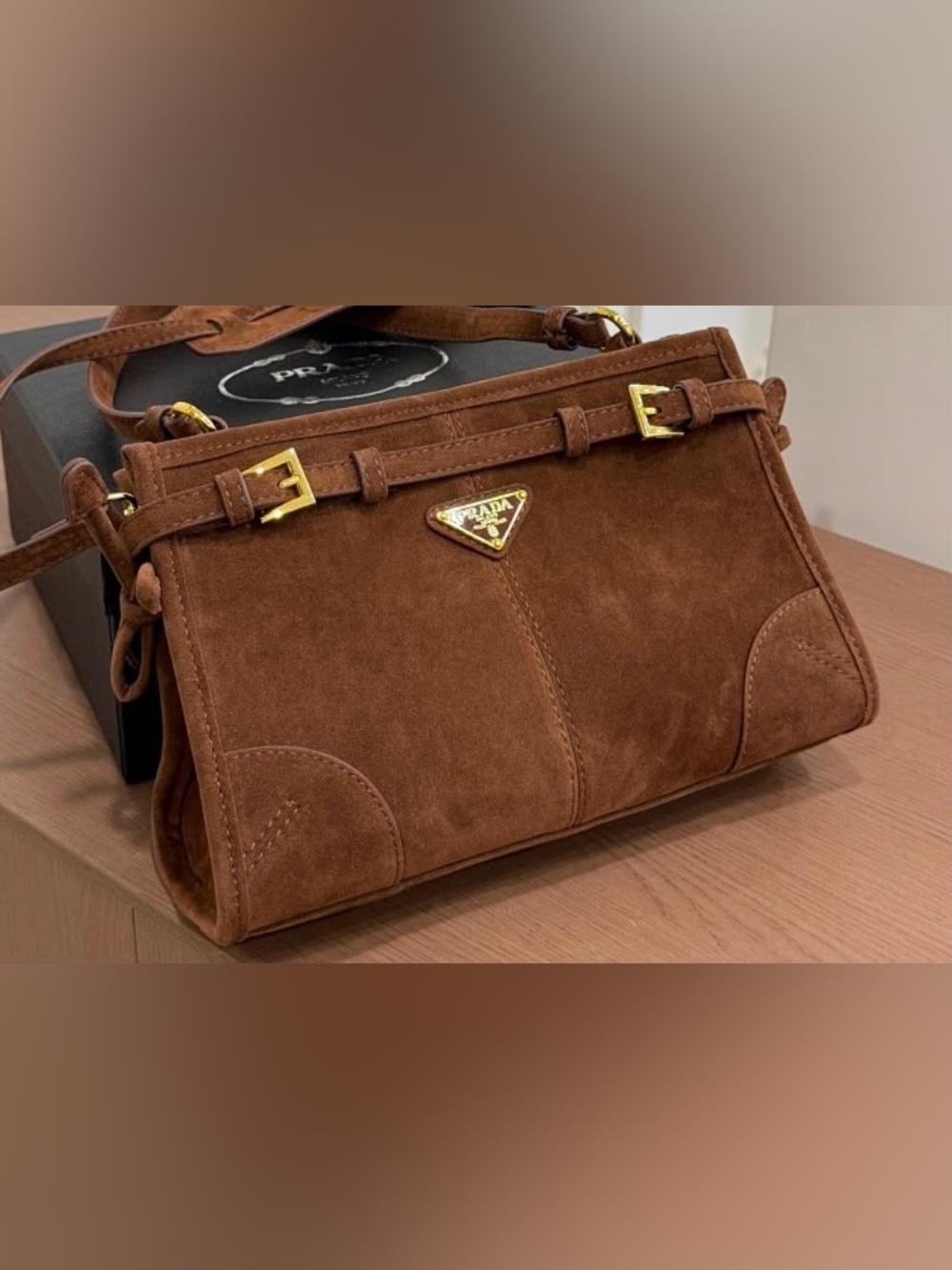 Inspired Brown Suede small messenger Bag with Gold Hardware